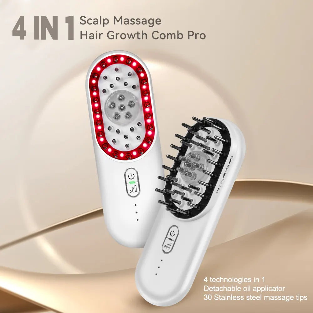 4-in-1 scalp massage hair growth comb pro with LED lights on a beige background