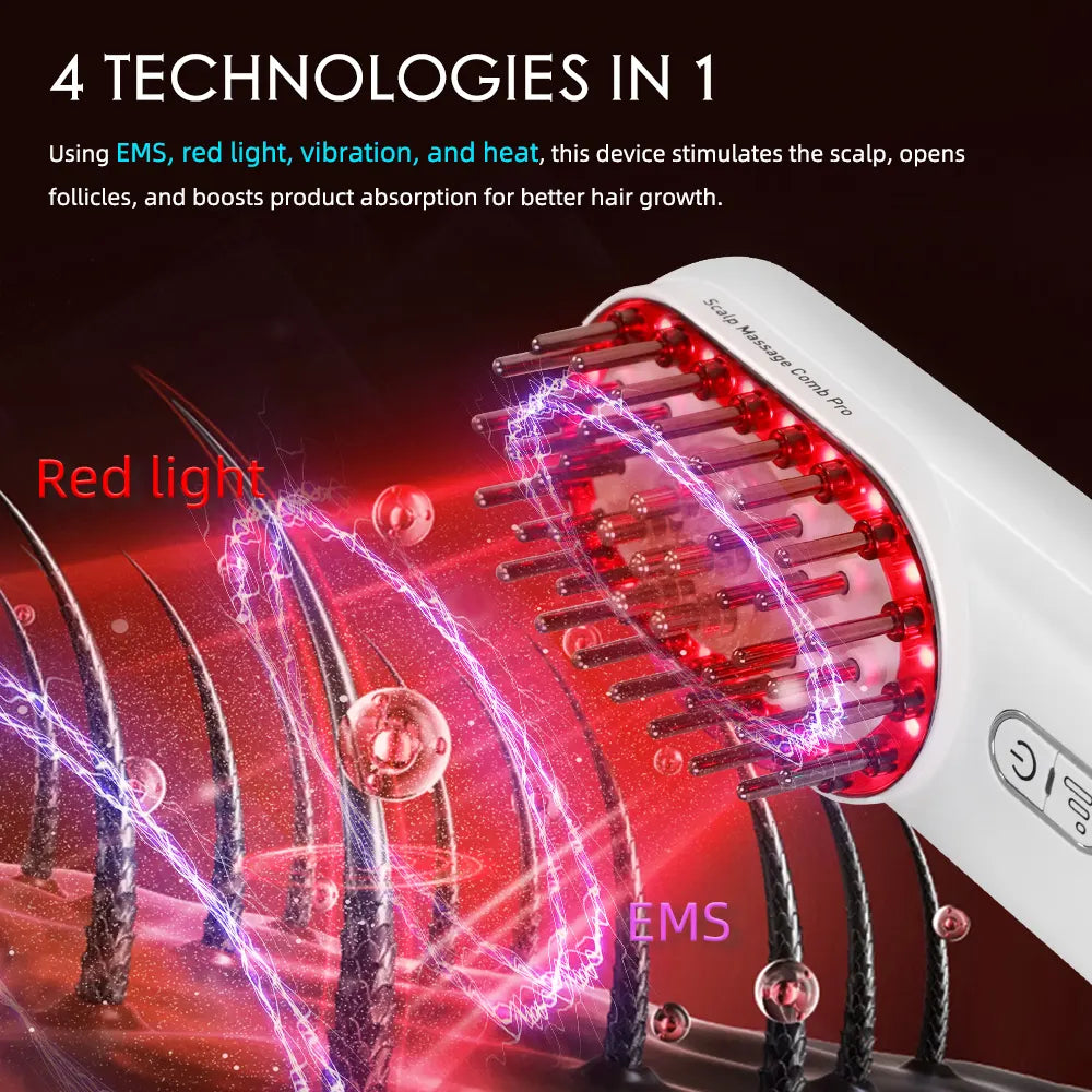 Hair treatment device with red light and EMS technology on a dark background