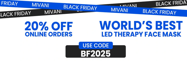 Black Friday promotional banner for Mivani LED therapy face mask with discount offer.