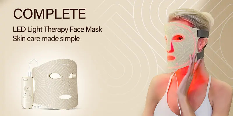 LED light therapy face mask with a woman wearing it on a beige background