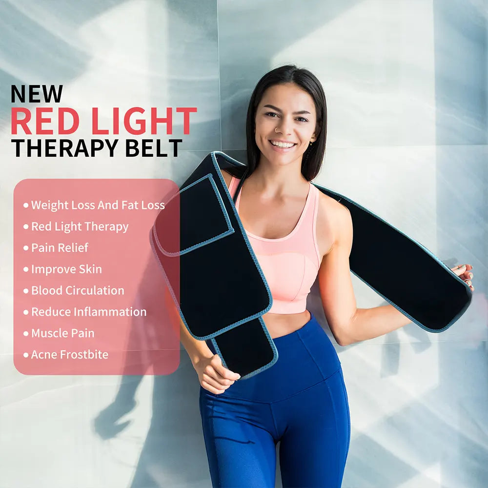 Woman holding a red light therapy belt with features listed on a white background