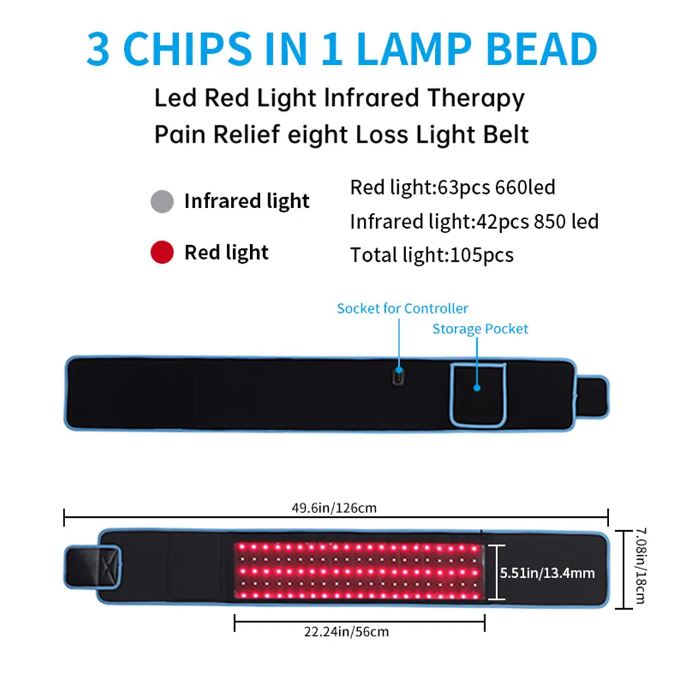 LED red light infrared therapy belt with technical details and dimensions on a white background