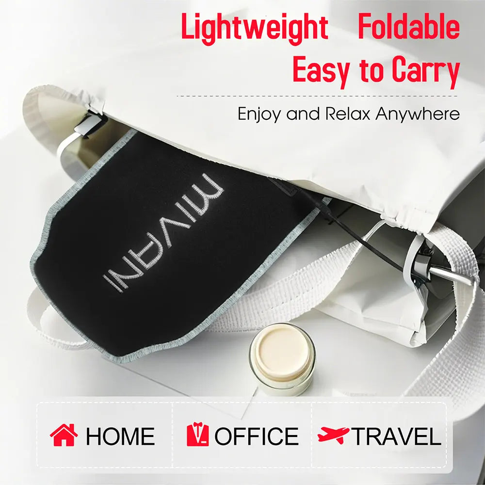 Foldable eye mask with MIVIAN therapy mini pad on a white background, featuring text about portability and usage.