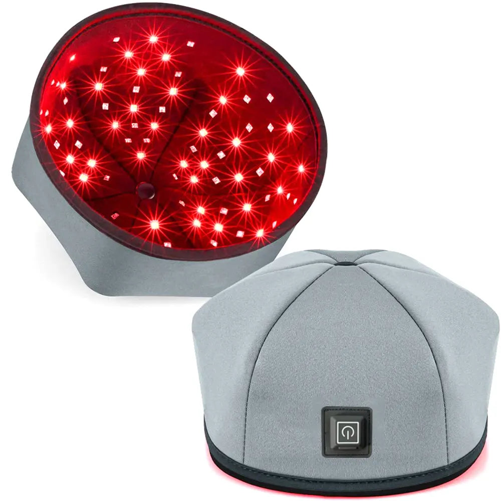 Gray style therapy hat with red LED lights on a white background