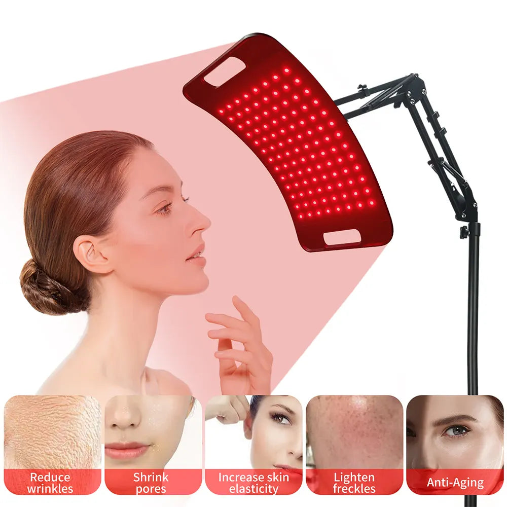 Red light therapy device with a woman receiving treatment and before-and-after effects on skin.