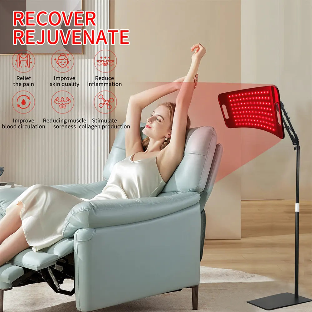 Red light therapy lamp used in various settings including living room, office, bedroom, and beauty salon.