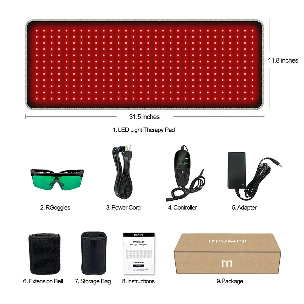 LED light therapy belt plus with accessories and packaging on a white background