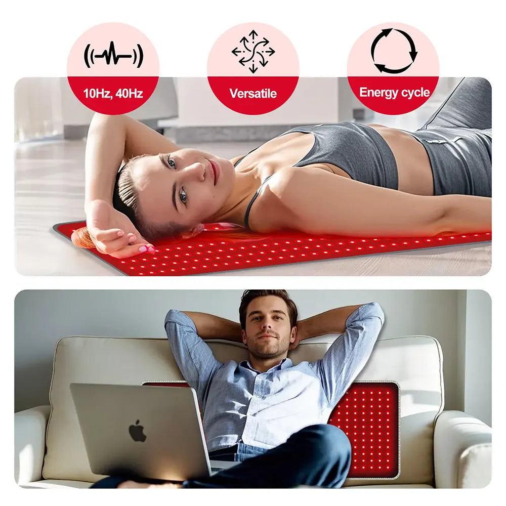 Woman using a red light therapy belt and a man using a similar belt with a laptop.
