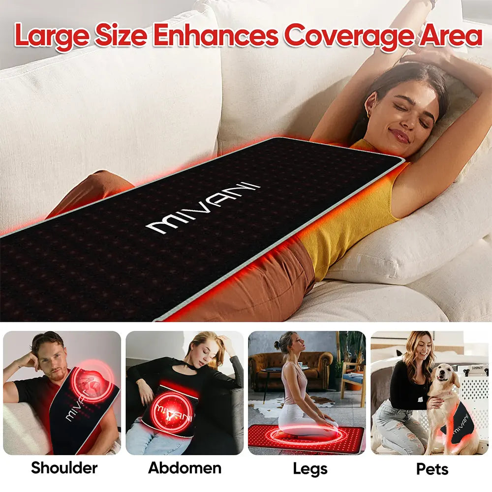 Woman using a MIVANI therapy belt plus on a couch with text indicating large size enhances coverage area.