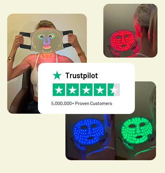 LED face mask with color-changing lights and Trustpilot rating on a white background
