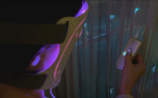 Person wearing a Mivani therapy face mask in purple led light color