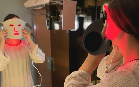 Person wearing a Mivani therapy face mask in red led light color