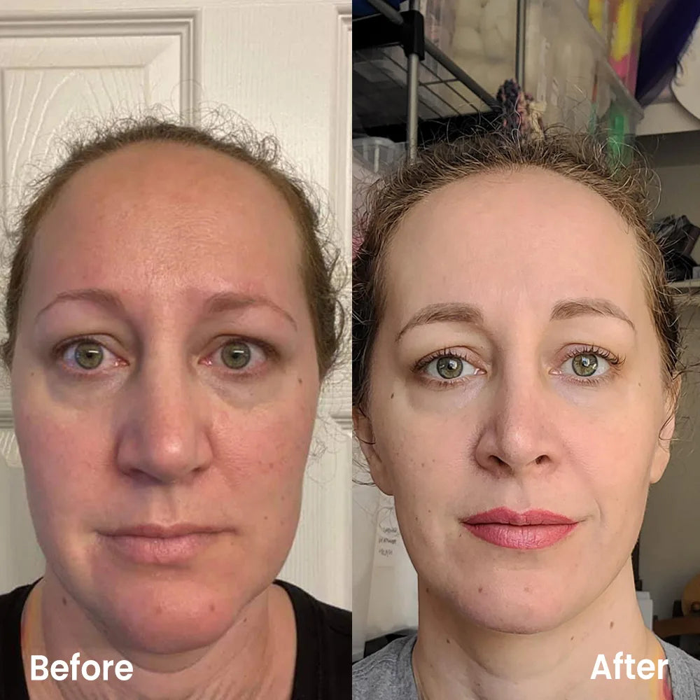 Before and after makeup comparison of a woman's face.