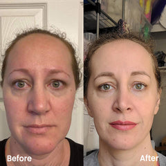 Before and after makeup comparison of a woman's face.