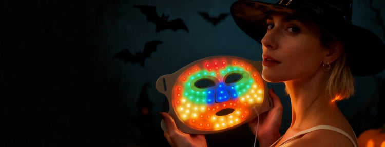 Woman holding a colorful LED mask with bats in the background