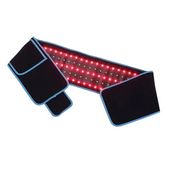 Black and blue LED therapy belt with red lights on a white background