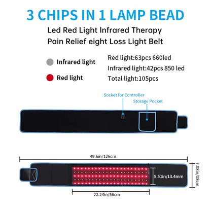 LED red light infrared therapy belt with technical details and dimensions on a white background