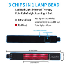 LED red light infrared therapy belt with technical details and dimensions on a white background
