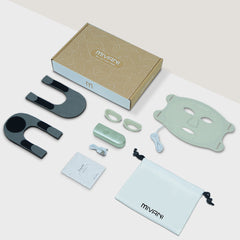 Mivani product set including led therapy face mask, packaging, and accessories on a white background