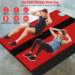 Red Light Therapy Sleep Bag with people using it on a bag, featuring LED indicators and text about benefits.
