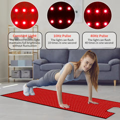 Woman exercising on a red therapy bag with light flashing effects in a living room.
