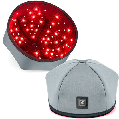 Gray style therapy hat with red LED lights on a white background