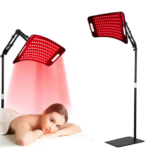 Woman receiving red light therapy treatment with a standing LED lamp.