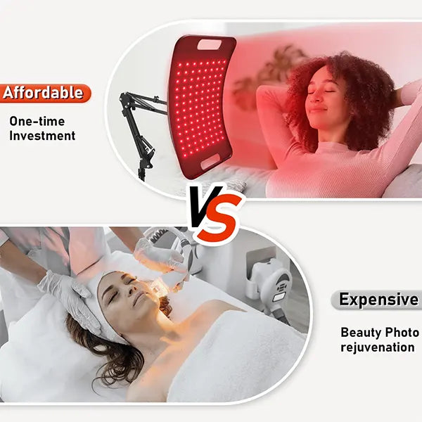 Comparison between affordable LED therapy lamp and expensive beauty photo rejuvenation.