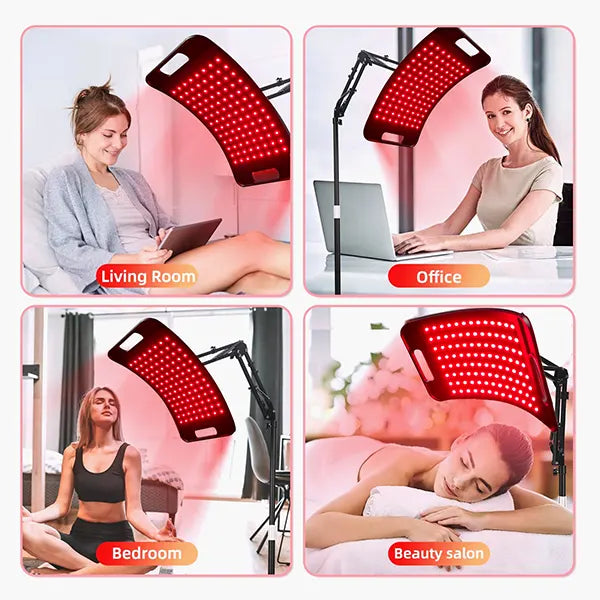 Red light therapy lamp used in various settings including living room, office, bedroom, and beauty salon.