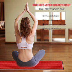 Person practicing yoga on a red mat with text about red light and near infrared light benefits.