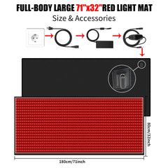 LED light therapy mat with adjustable light modes and a woman standing on it.