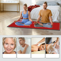 Two people meditating on a red mat in a bedroom setting with additional images of people receiving massages.