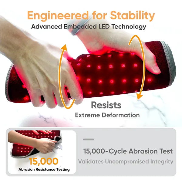 Red LED pad being held by a hand with text about stability and technology