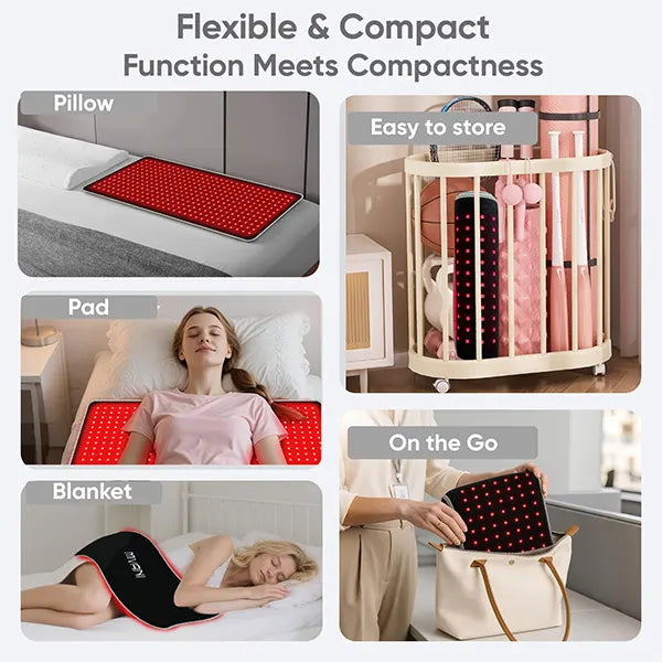 Product display with various uses of a flexible and compact mat, including as a pillow, pad, blanket, and easy to store.