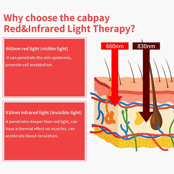 Advertisement for cabpay Red & Infrared Light Therapy with scientific illustration and text.