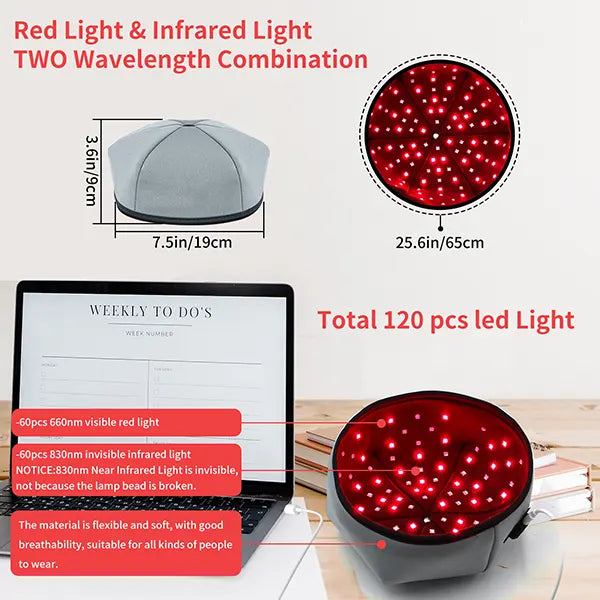 Product with red light and infrared light features, including size measurements and LED count.