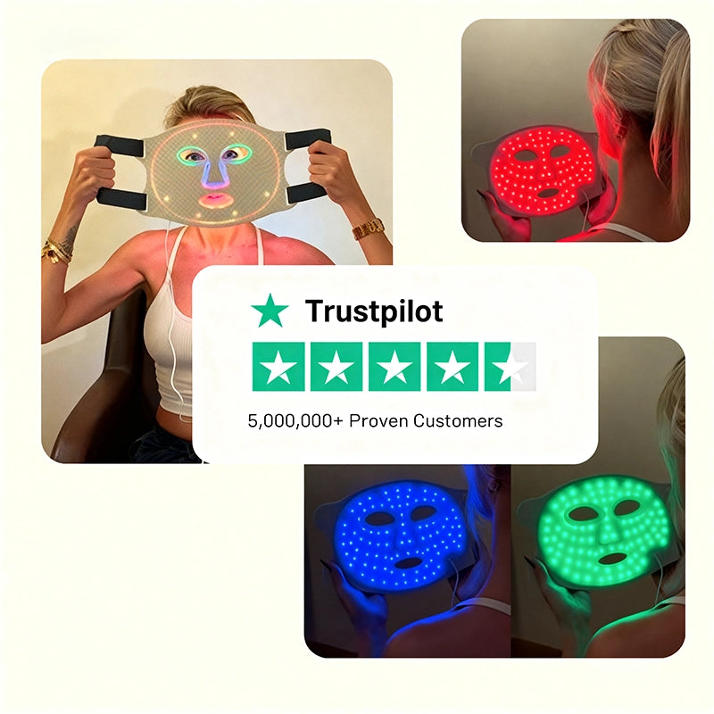 LED face and body masks with a Trustpilot rating overlay on a white background